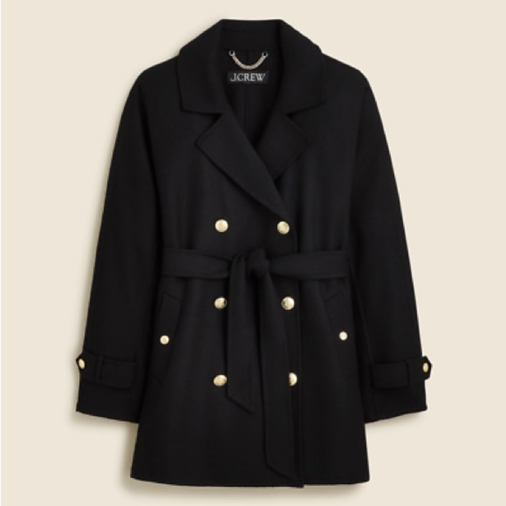 NWT J.Crew Italian Wool Blend Double Breasted Belted Coat Black Gold Button S